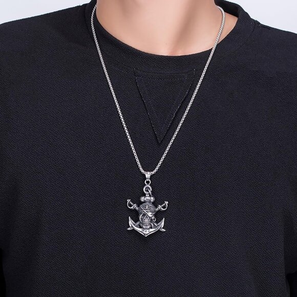 Gothic Pirate Skull Pendant Necklace With Skull Head, Ship Anchor, Double Sword - Picture 3 of 9